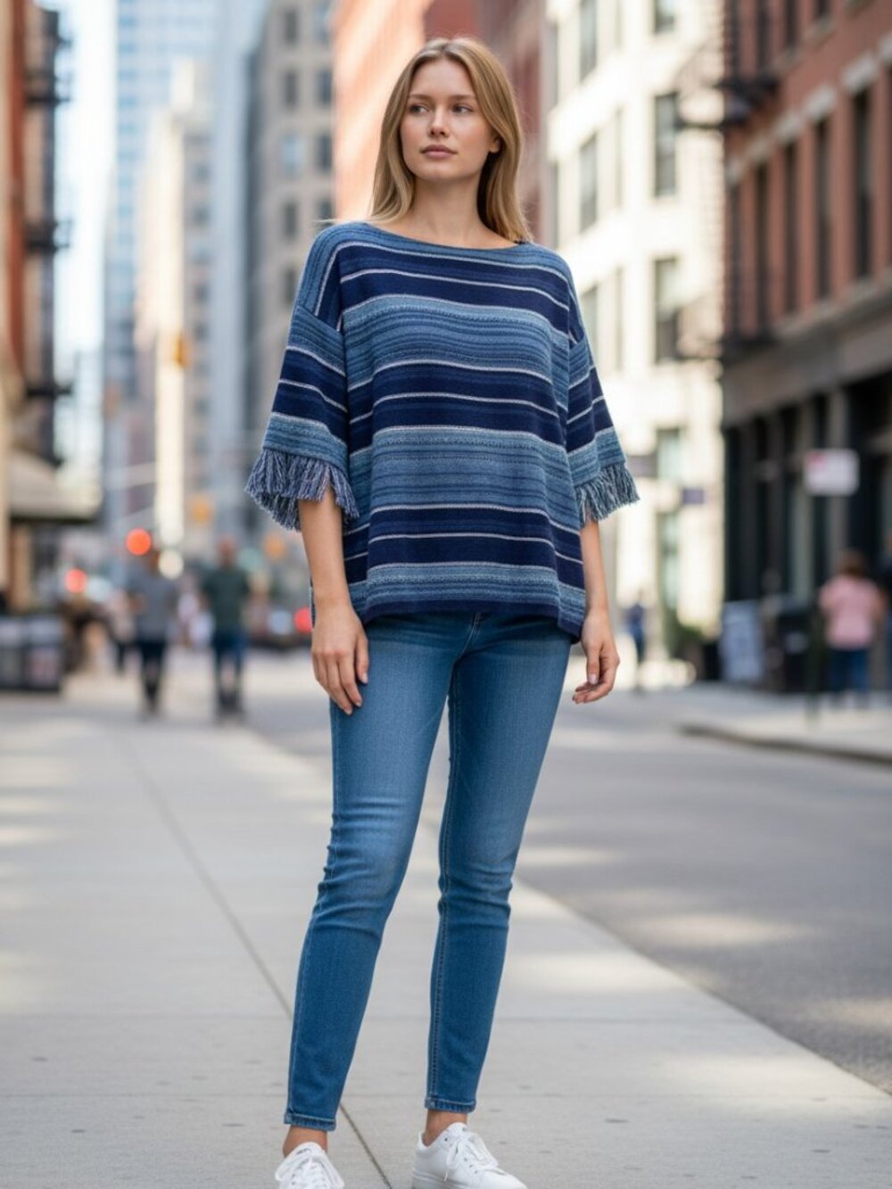 Lauren Ralph Lauren Blue Striped Scoop Neck Fringe Sleeve Knit Sweater XS NWT